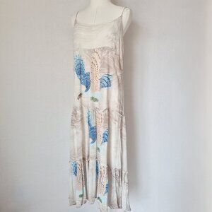 AllSaints $348 Tilly Swoop Bird Printed Crinkle Tiered Maxi Slip Dress Beige